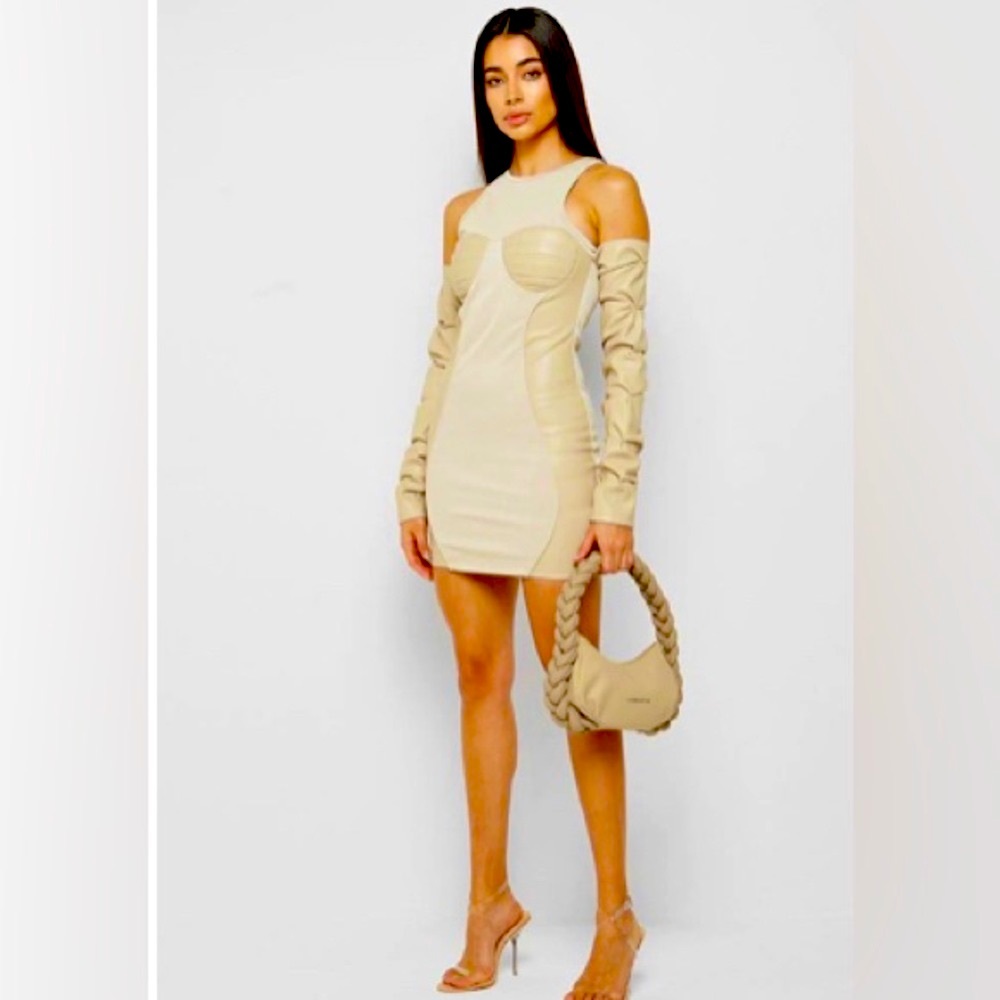 Tan vegan leather dress fits like a glove.
